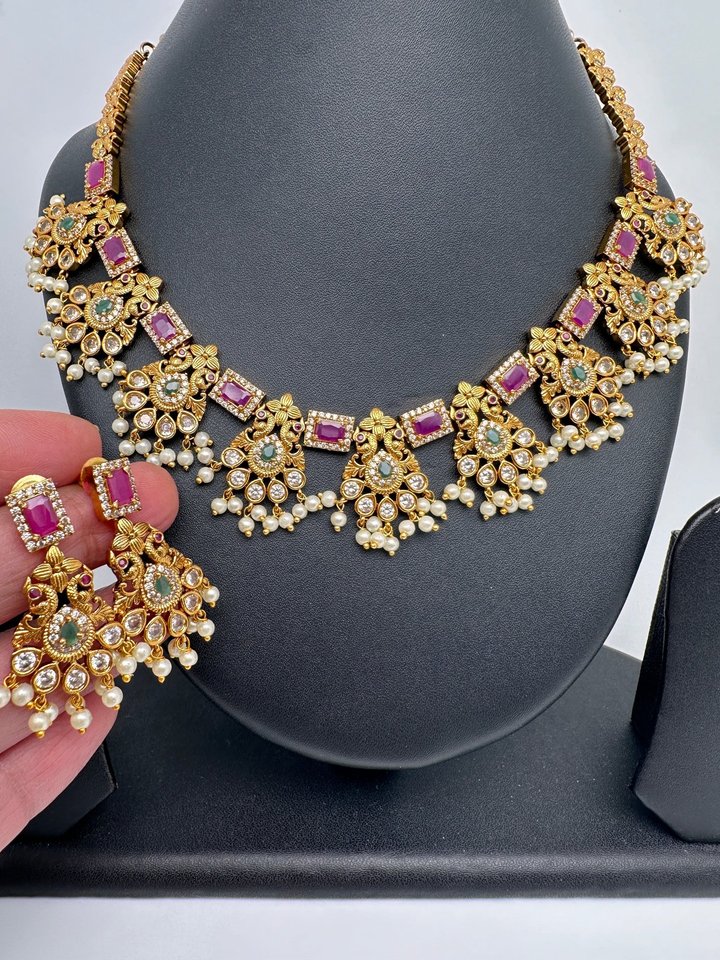 Premium Matte CZ Red Stone Short Necklace