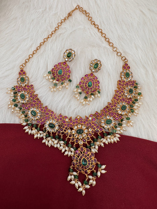 Red Kemp Floral CZ Green Beads Rice Pearls Guttapusalu Necklace