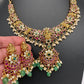 Kempu Goddess Lakshmi CZ Green Beads Rice Pearls Guttapusalu Necklace