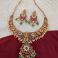 Kempu Goddess Lakshmi CZ Green Beads Rice Pearls Guttapusalu Necklace