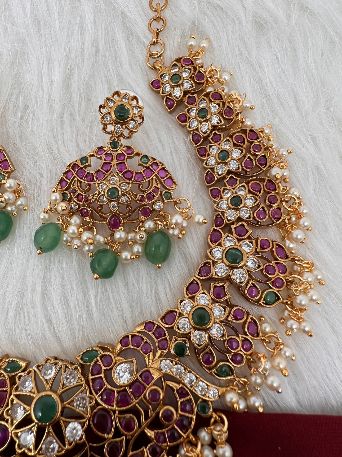 Kempu Peacock CZ Green Beads Rice Pearls Guttapusalu Necklace
