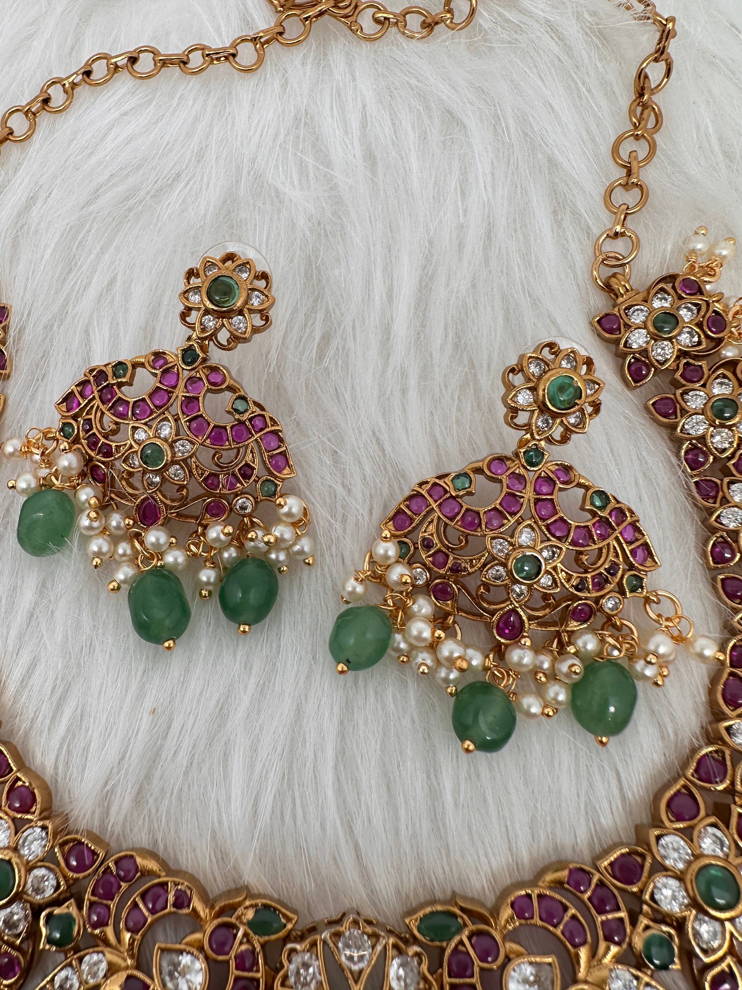 Kempu Peacock CZ Green Beads Rice Pearls Guttapusalu Necklace