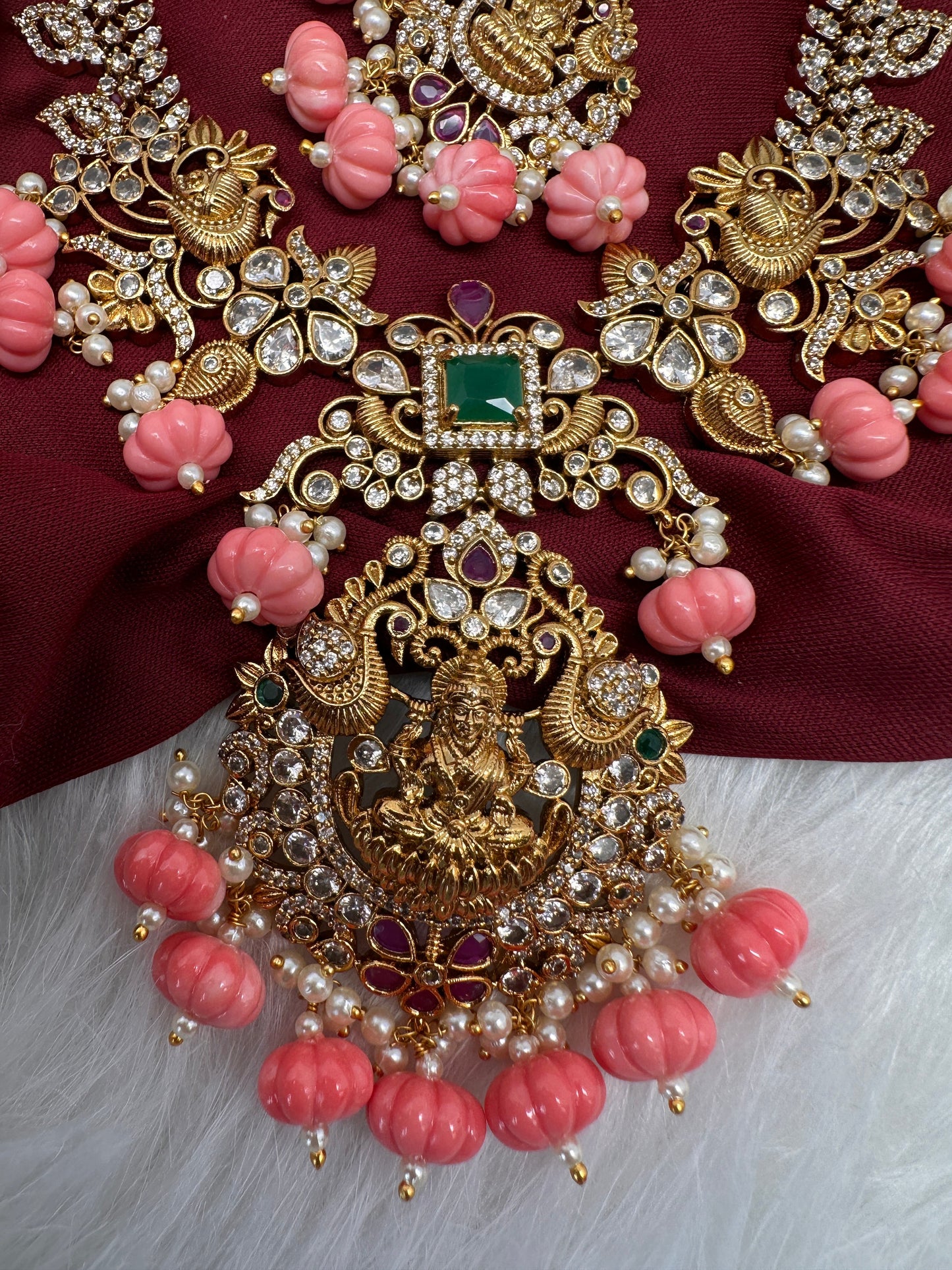Goddess Lakshmi Pink Pumpkin Beads Matte Finish Mango Necklace