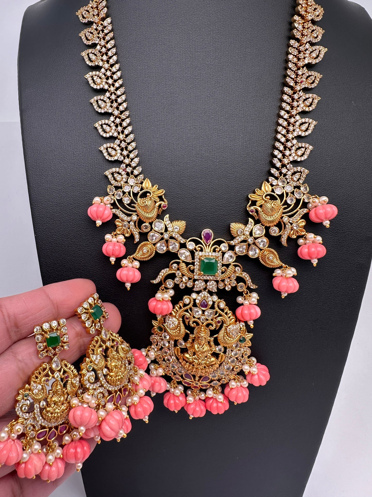 Goddess Lakshmi Pink Pumpkin Beads Matte Finish Mango Necklace