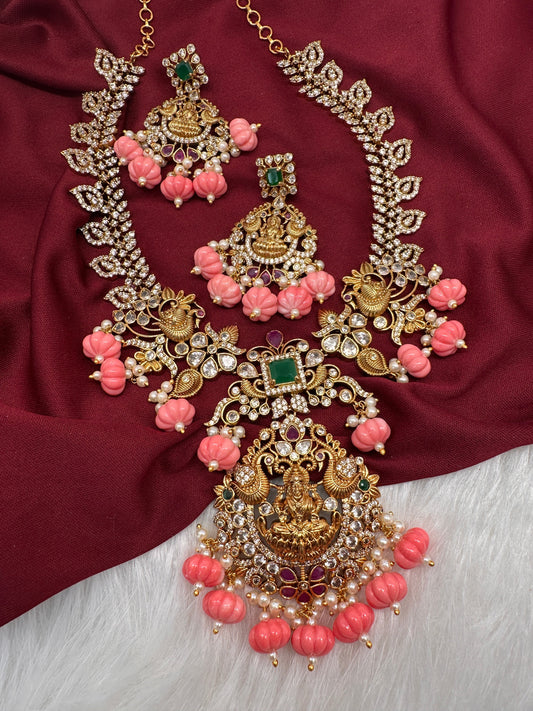 Goddess Lakshmi Pink Pumpkin Beads Matte Finish Mango Necklace