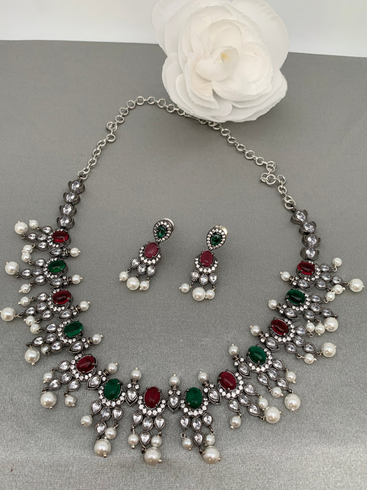 CZ Red Green Stone Pearls Victorian Finish Short Neckalce