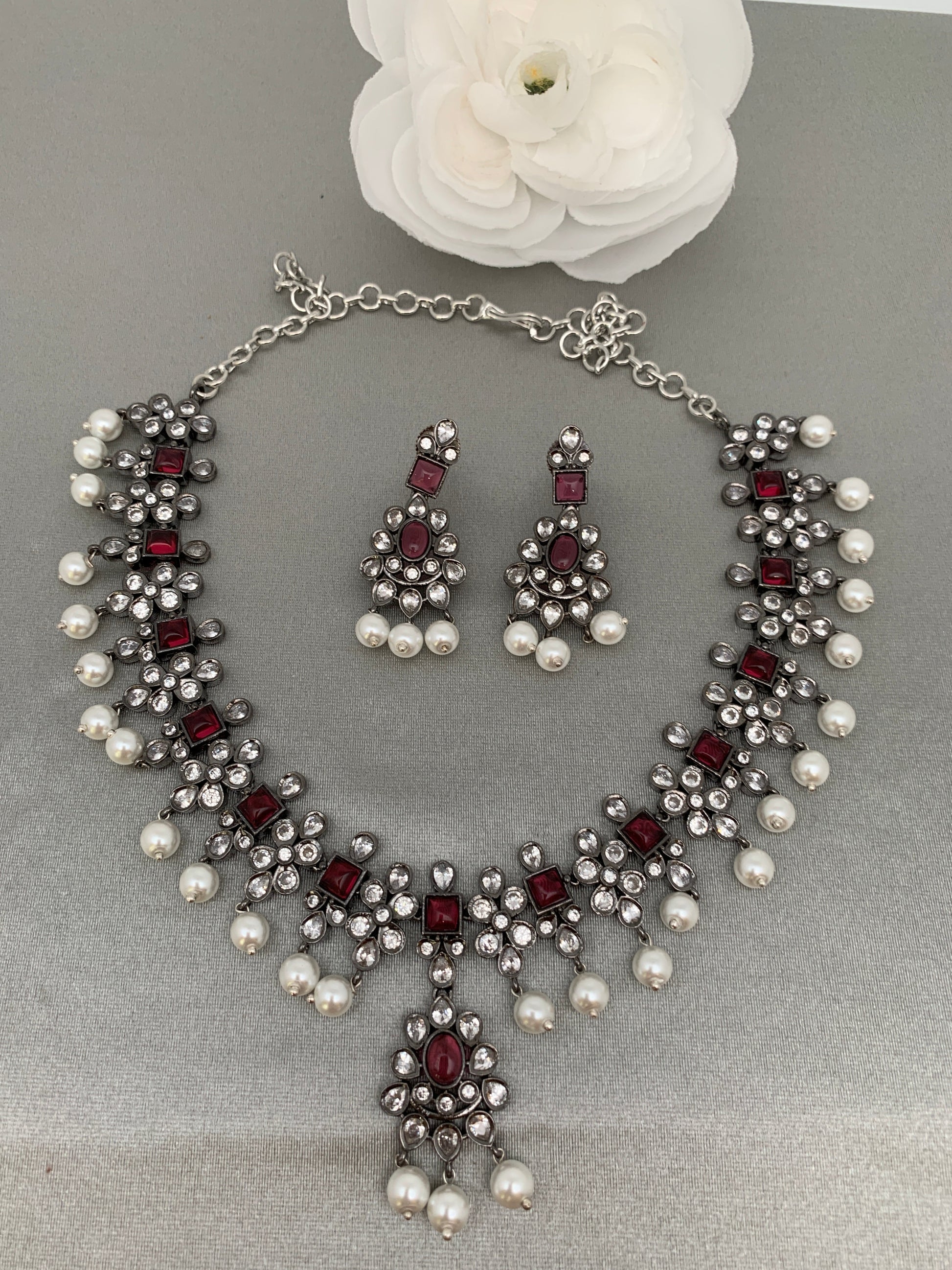 CZ Pink Stone Pearls Victorian Finish Short Neckalce