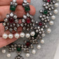 CZ Pink Green Stone Pearls Victorian Finish Short Neckalce
