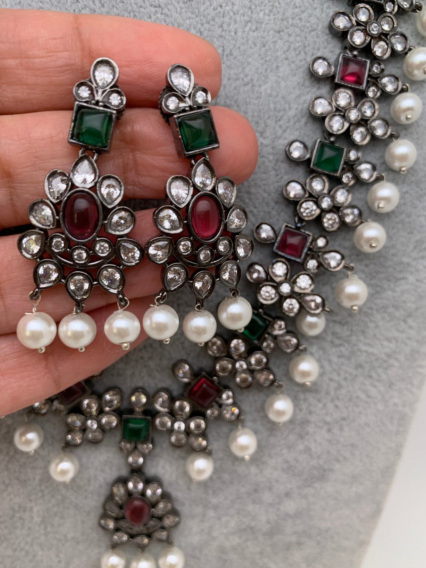 CZ Pink Green Stone Pearls Victorian Finish Short Neckalce