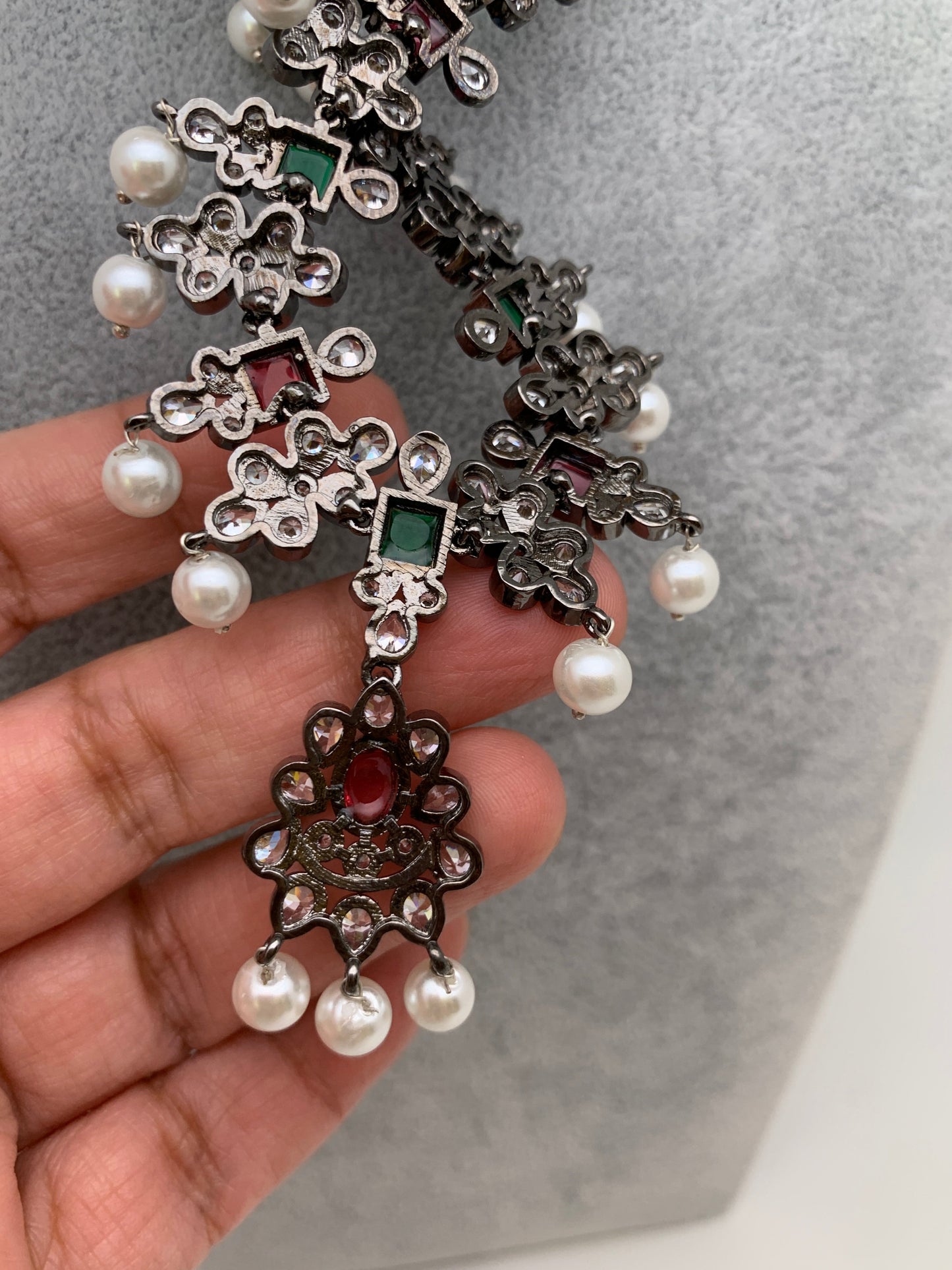 CZ Pink Green Stone Pearls Victorian Finish Short Neckalce