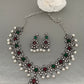 CZ Pink Green Stone Pearls Victorian Finish Short Neckalce