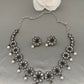 Floral Pattern CZ Green Stone Pearls Victorian Finish Short Neckalce