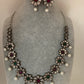 Floral Pattern CZ Red Green Stone Pearls Victorian Finish Short Neckalce