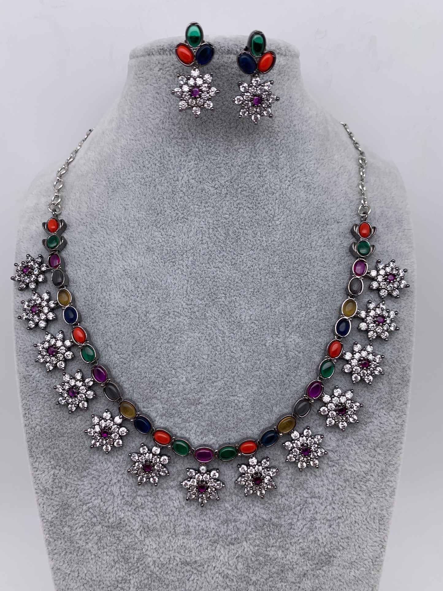 CZ Florets Navratan Stone Chain Victorian Finish Neckalce