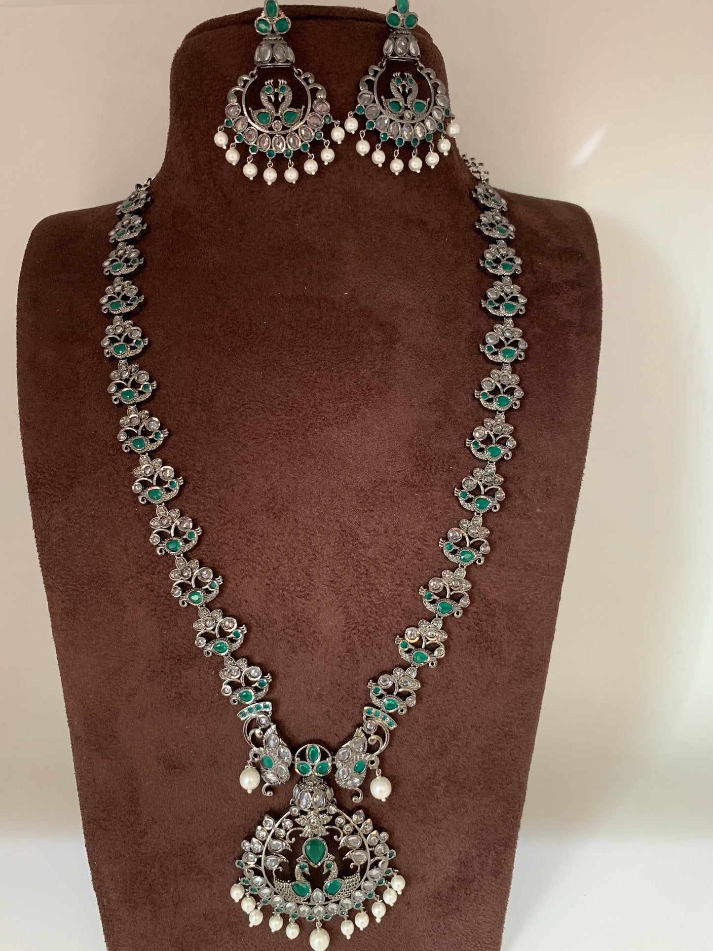 Peacock Pattern Green Stone CZ Long Victorian Finish Neckalce