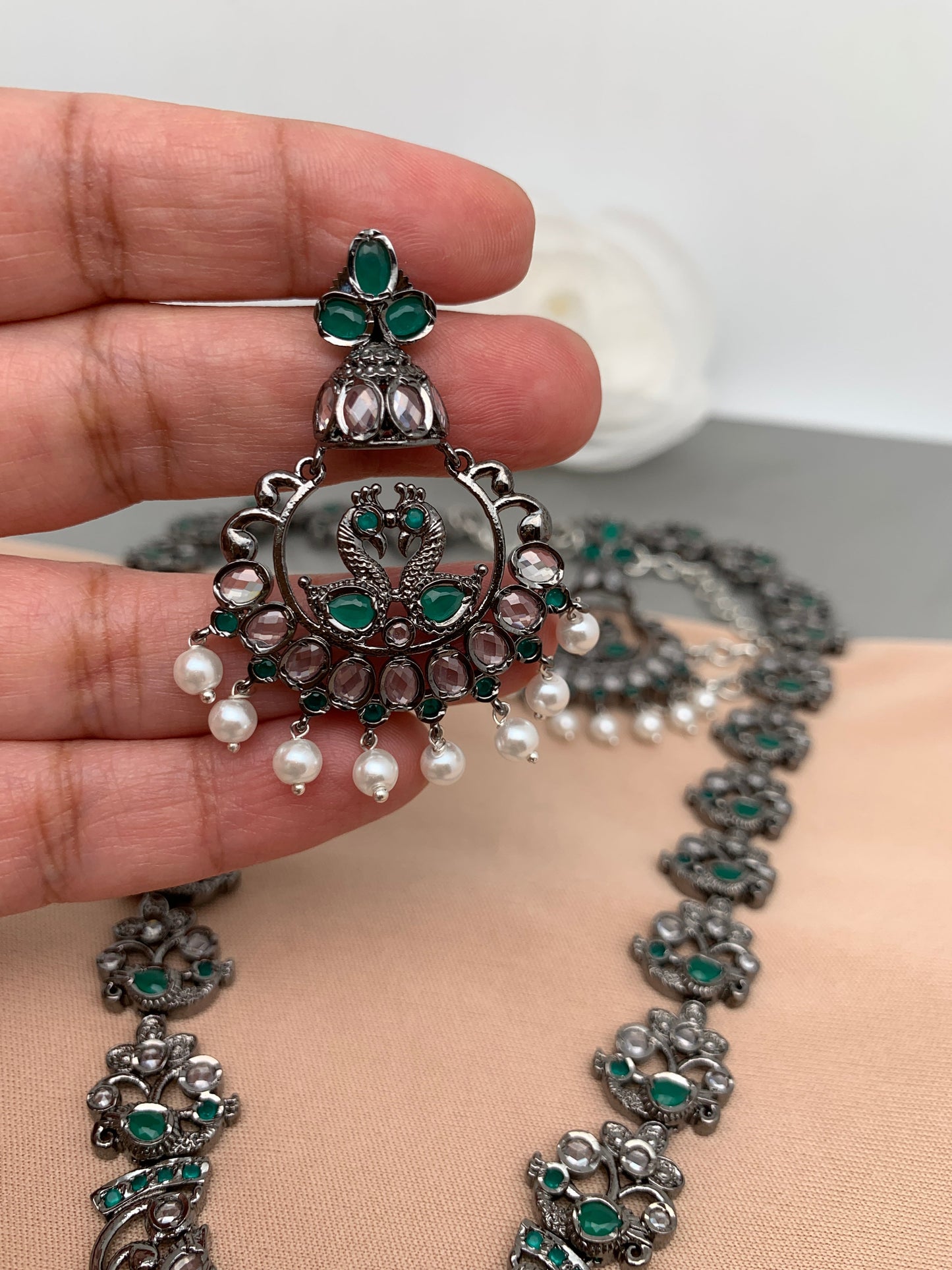 Peacock Pattern Green Stone CZ Long Victorian Finish Neckalce
