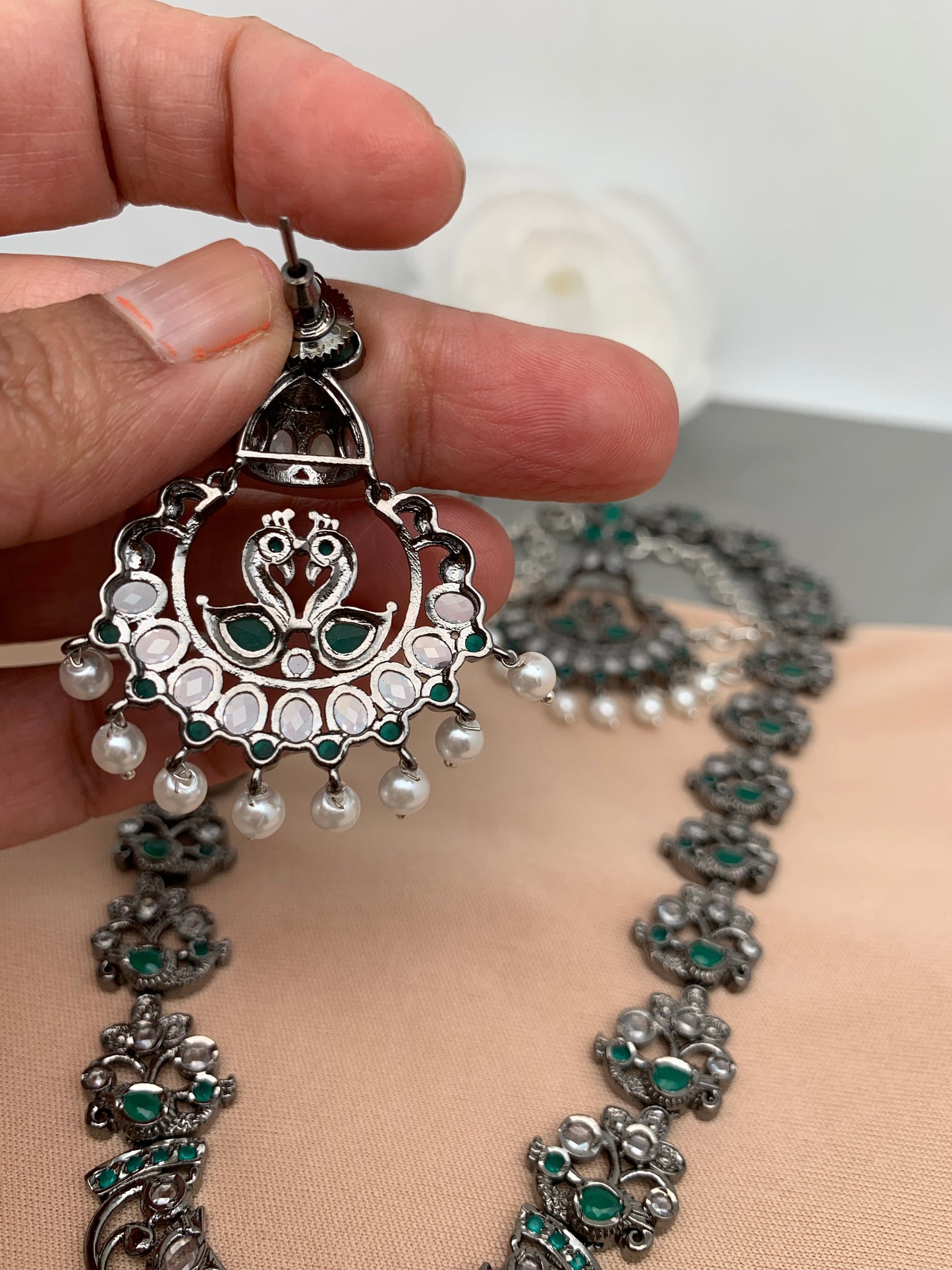 Peacock Pattern Green Stone CZ Long Victorian Finish Neckalce