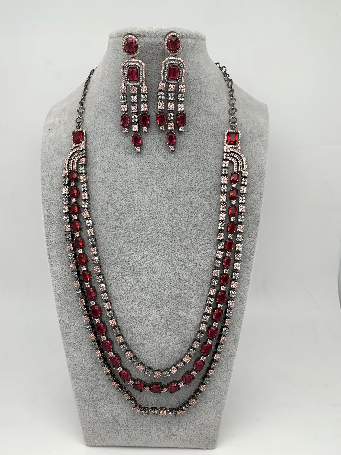 AD Wine Red Stone Multi Layer Victorian Finish Long Necklace