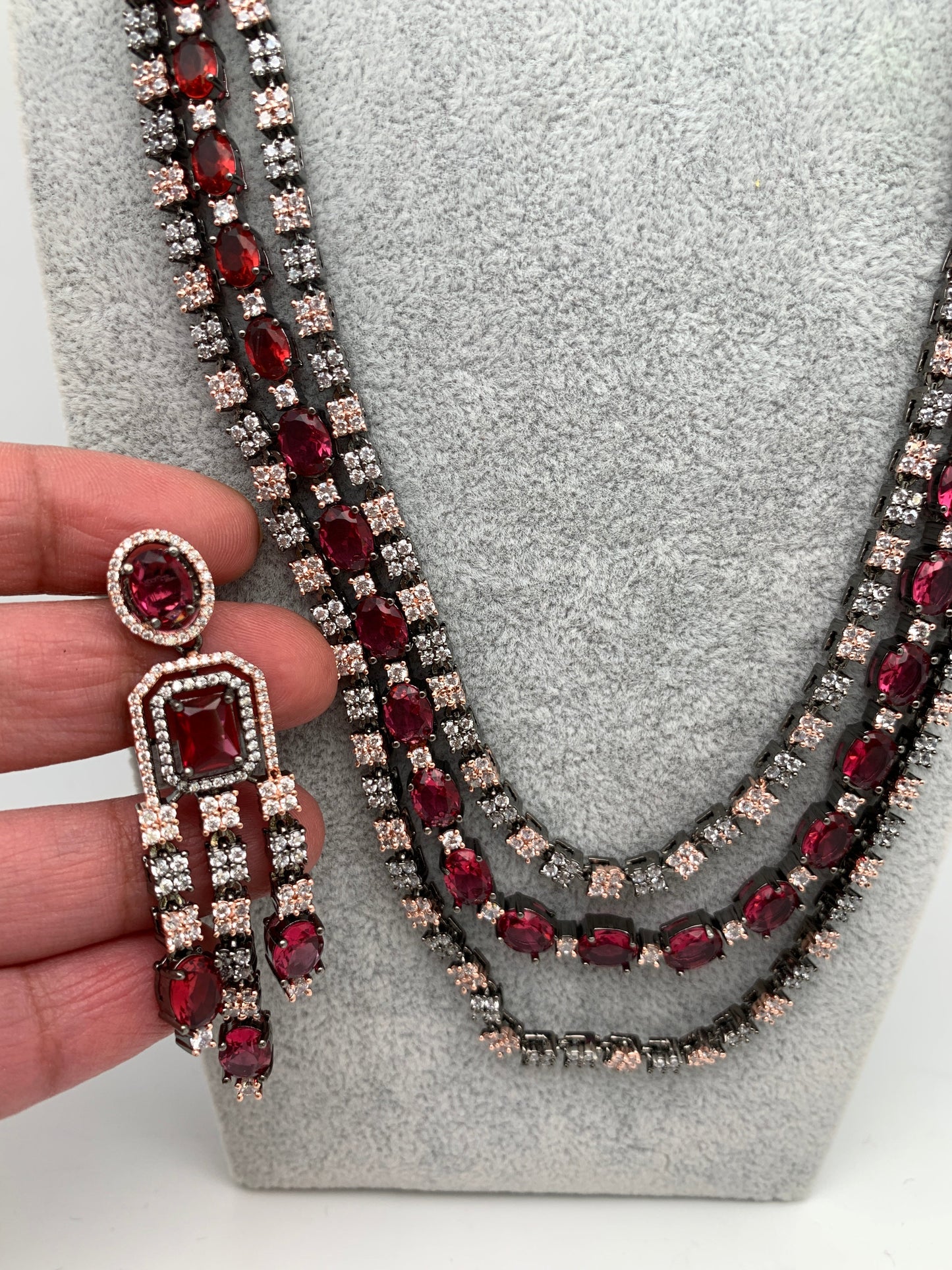 AD Wine Red Stone Multi Layer Victorian Finish Long Necklace