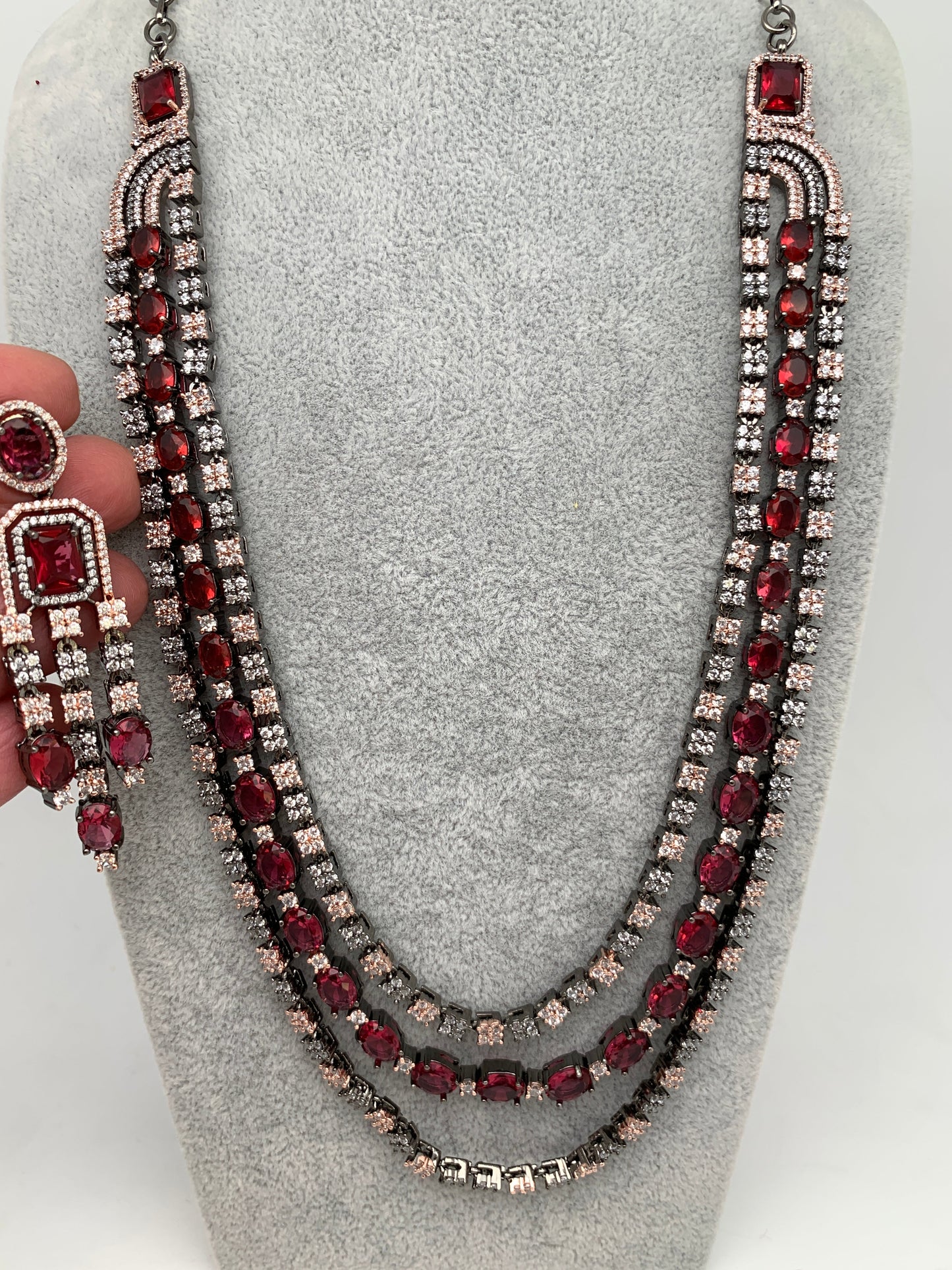 AD Wine Red Stone Multi Layer Victorian Finish Long Necklace