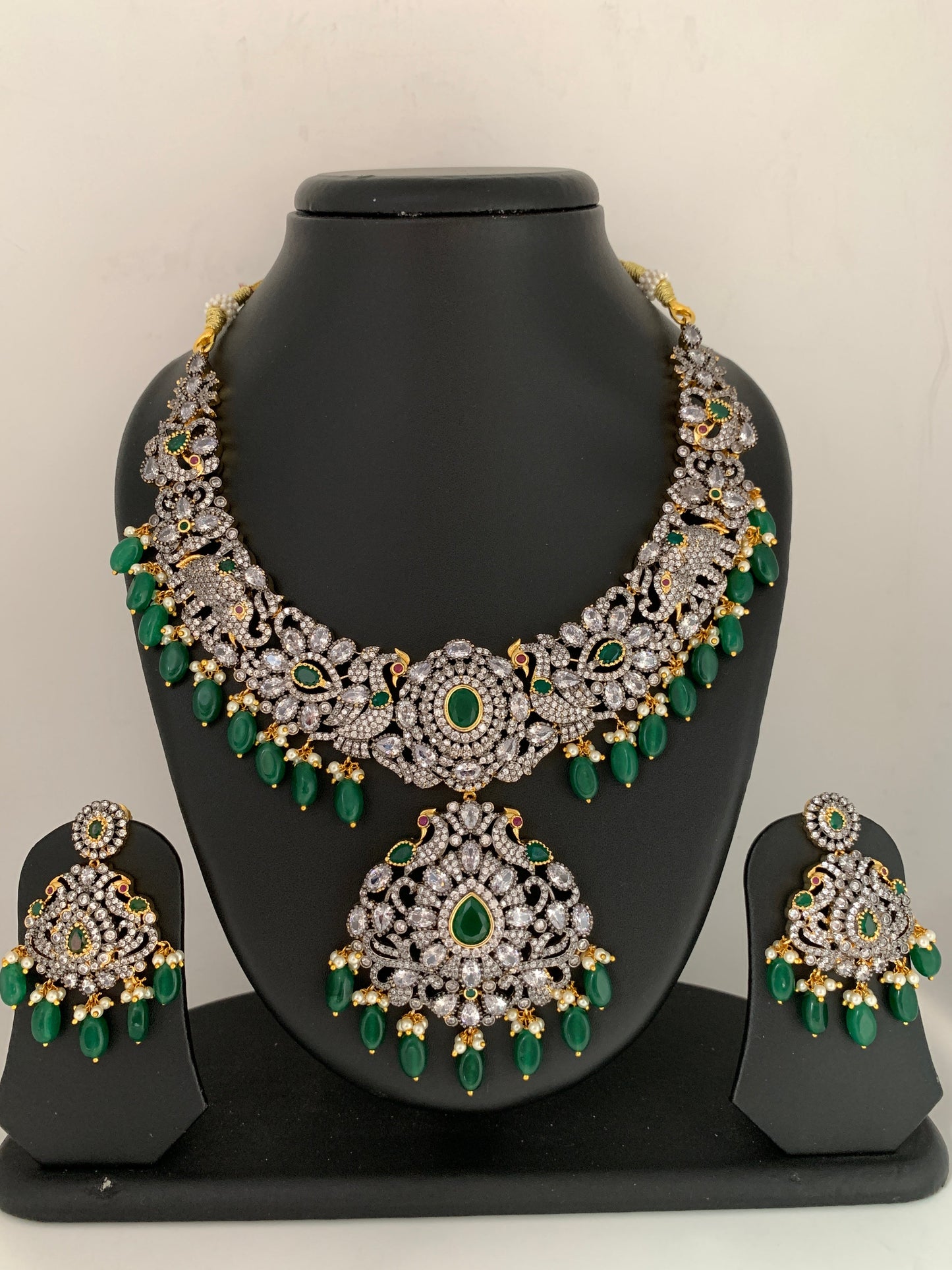 AD Green Stone Green Beads Elephant Design Dual Antique Polish Neckline Necklace