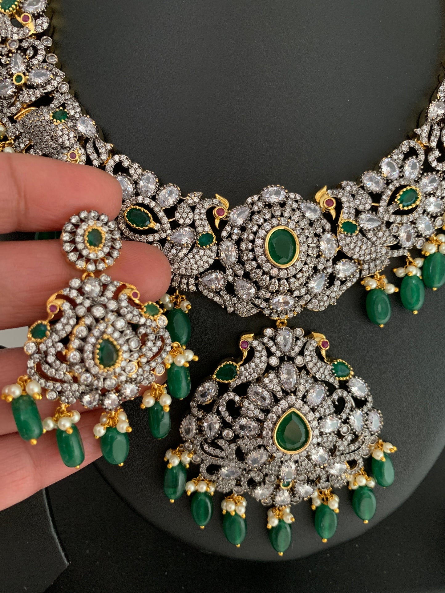 AD Green Stone Green Beads Elephant Design Dual Antique Polish Neckline Necklace