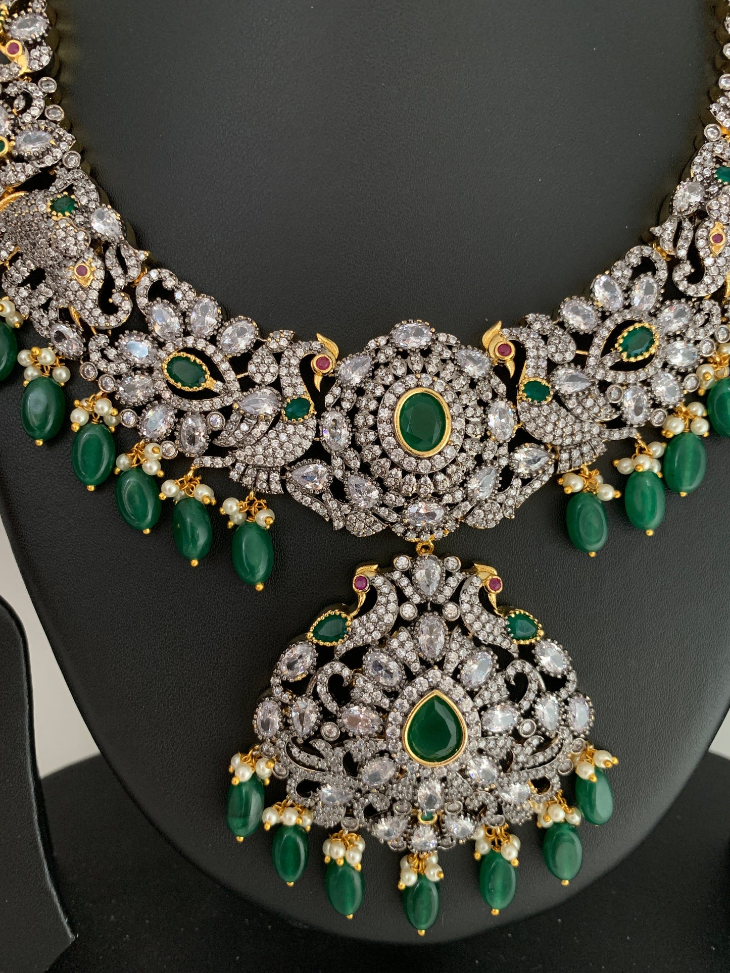 AD Green Stone Green Beads Elephant Design Dual Antique Polish Neckline Necklace
