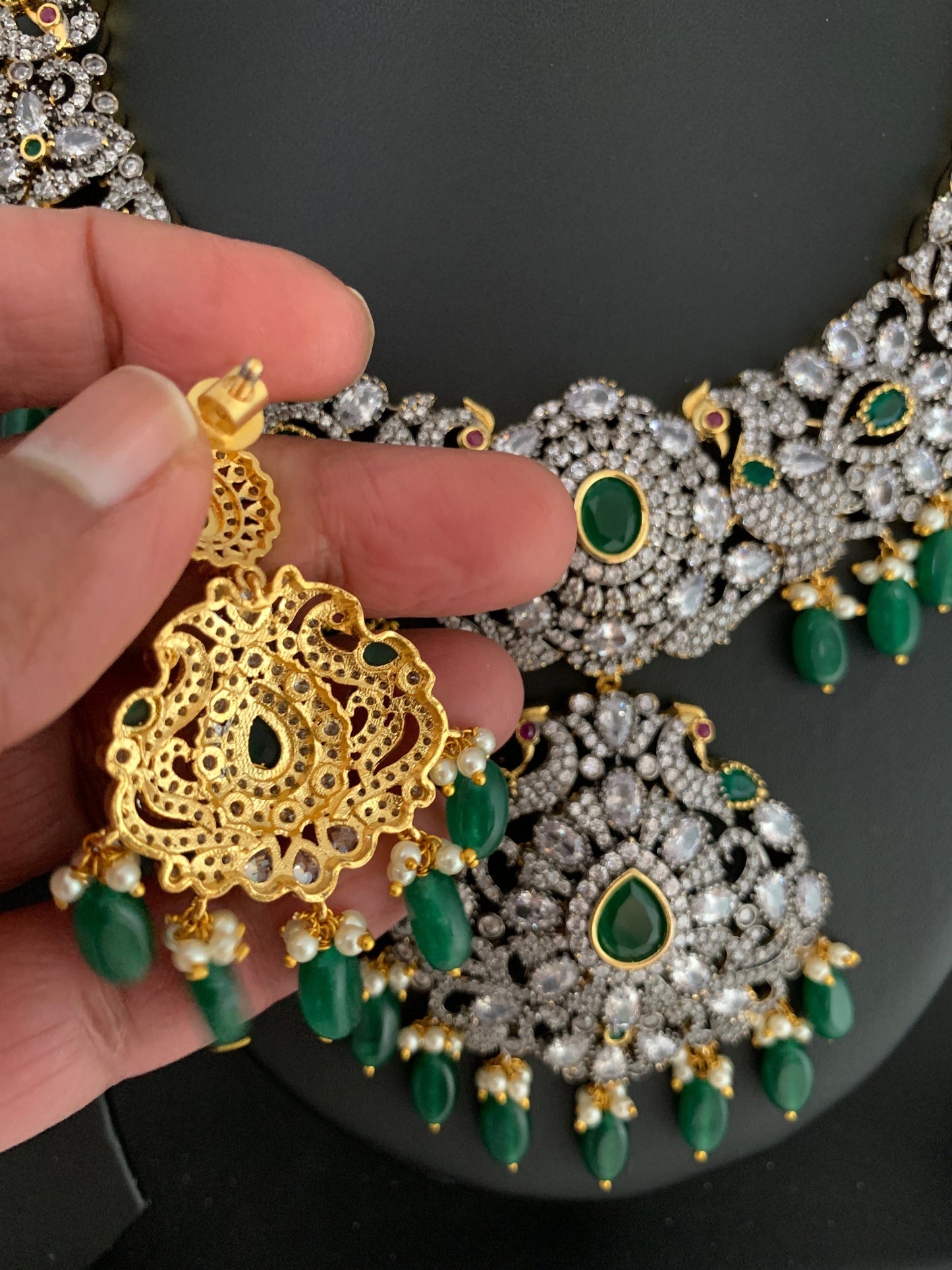 AD Green Stone Green Beads Elephant Design Dual Antique Polish Neckline Necklace