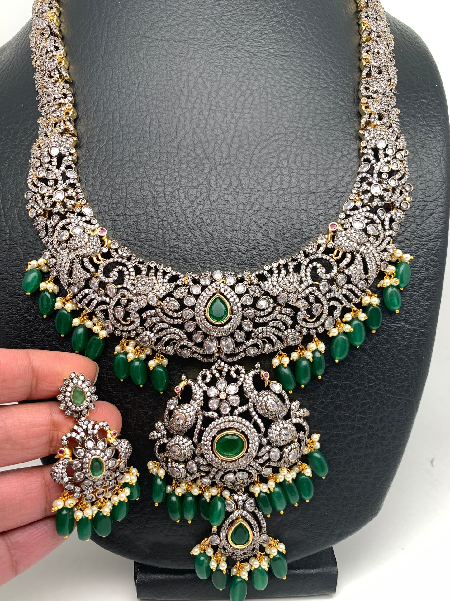 AD Green Stone Green Beads Dual Polish Long Necklace