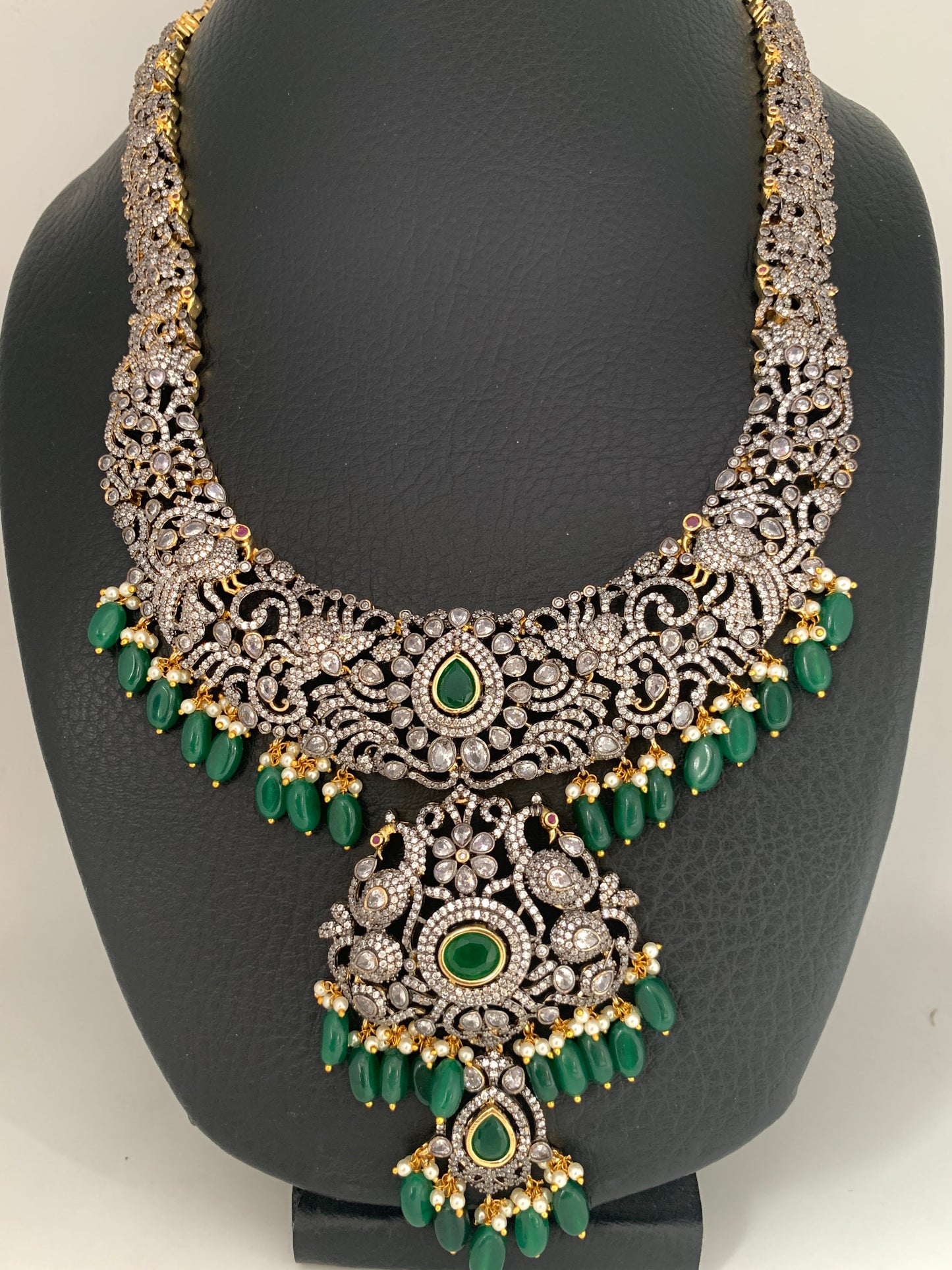 AD Green Stone Green Beads Dual Polish Long Necklace