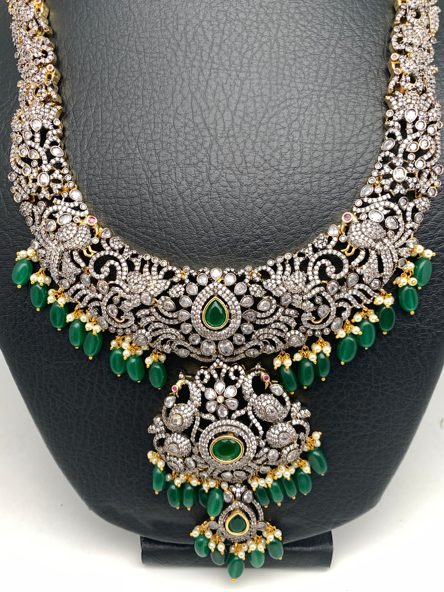 AD Green Stone Green Beads Dual Polish Long Necklace