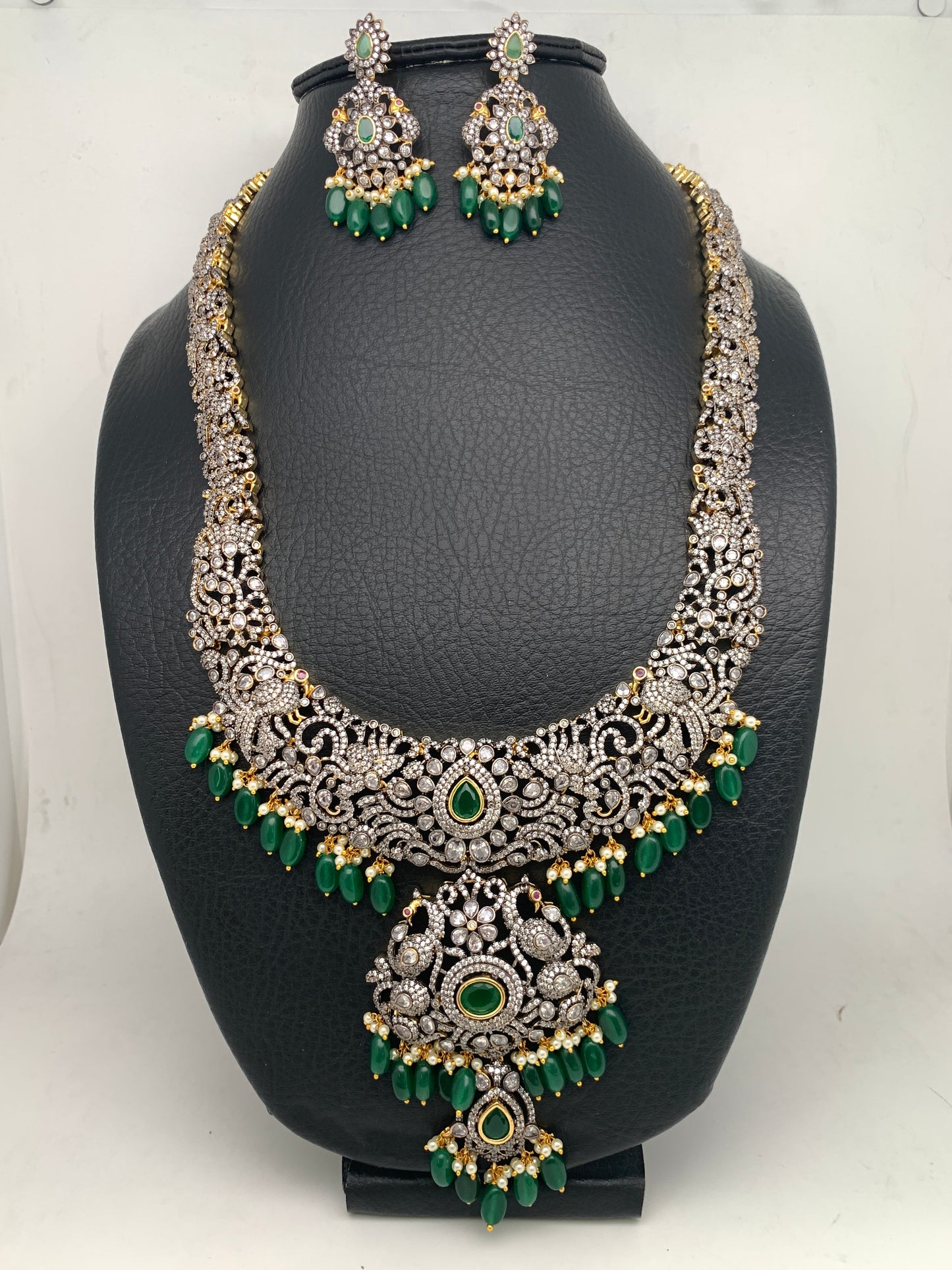 AD Green Stone Green Beads Dual Polish Long Necklace