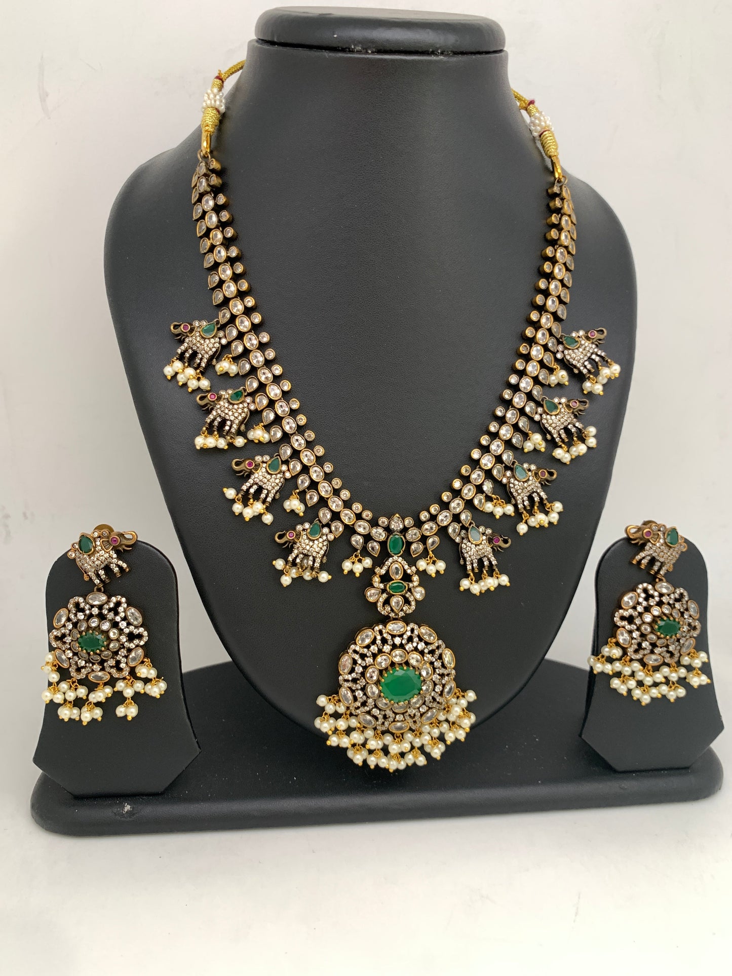 Polki Green Stone Elephant Design Mehndi Polish Short Necklace
