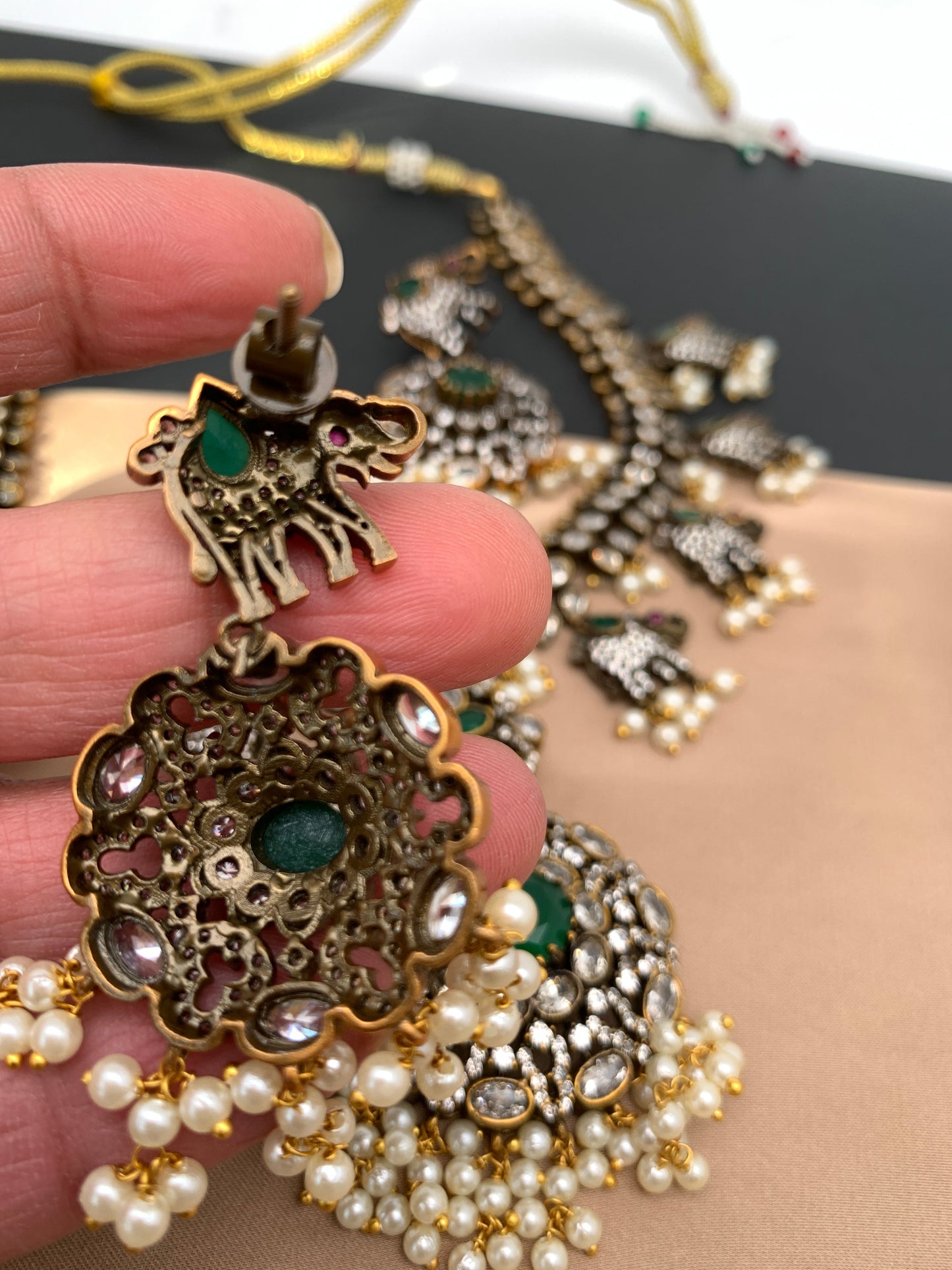 Polki Green Stone Elephant Design Mehndi Polish Short Necklace