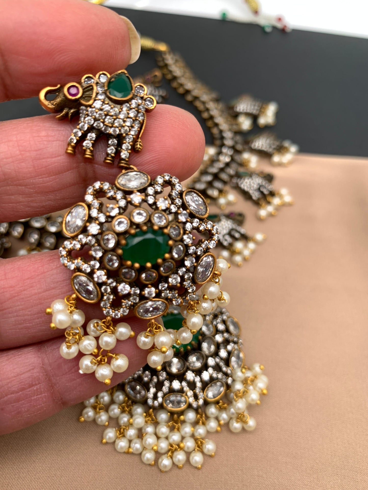 Polki Green Stone Elephant Design Mehndi Polish Short Necklace