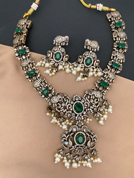 Polki Green Stone Elephant Design Links Mehndi Polish Short Necklace