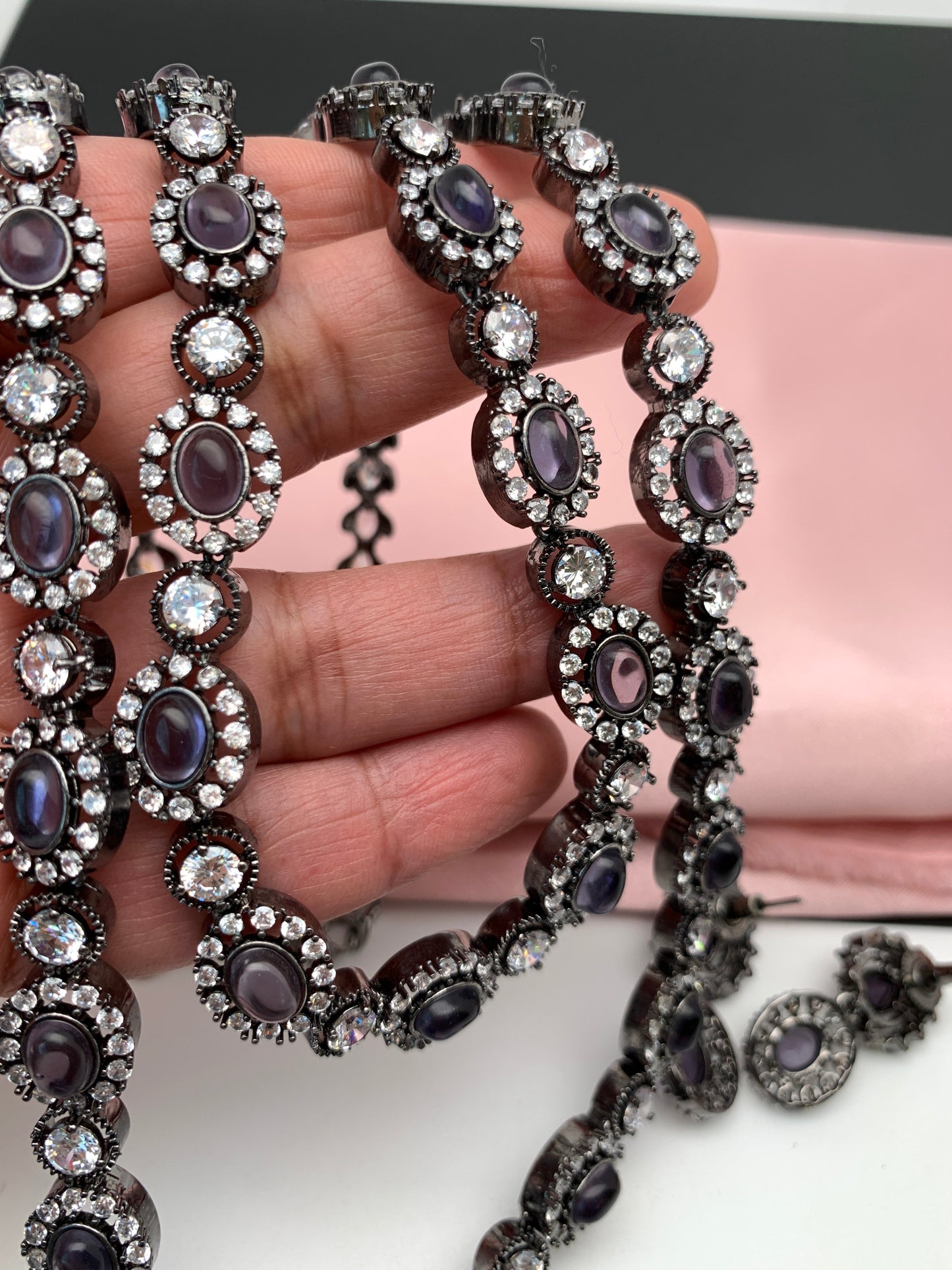 AD Amethyst Purple Stone Victorian Double Line Long Necklace