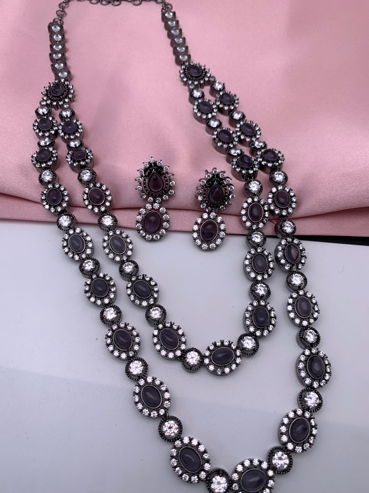 AD Amethyst Purple Stone Victorian Double Line Long Necklace