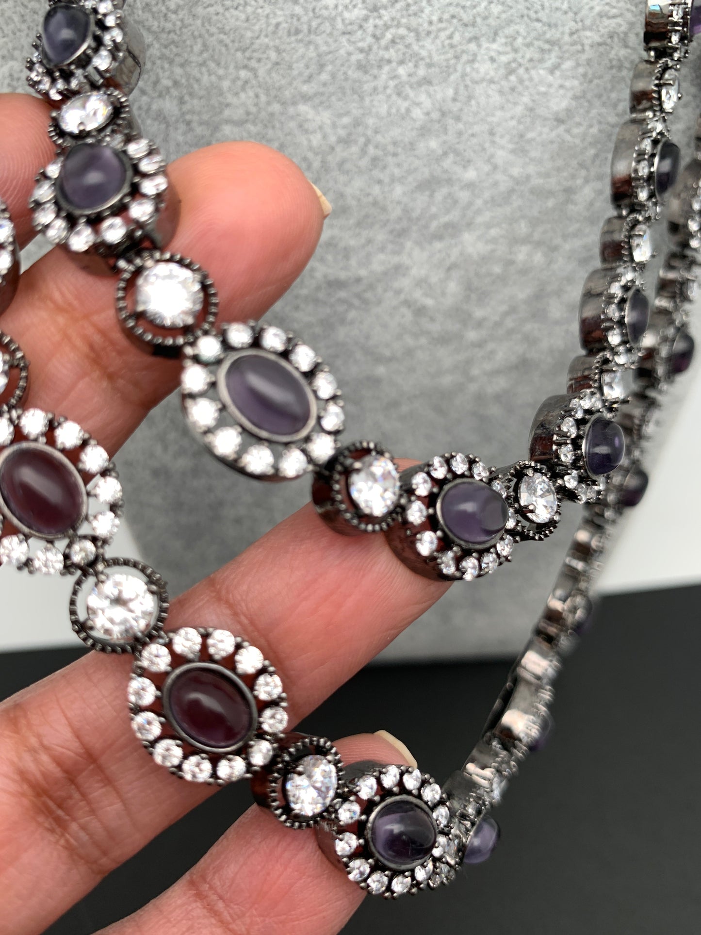 AD Amethyst Purple Stone Victorian Double Line Long Necklace