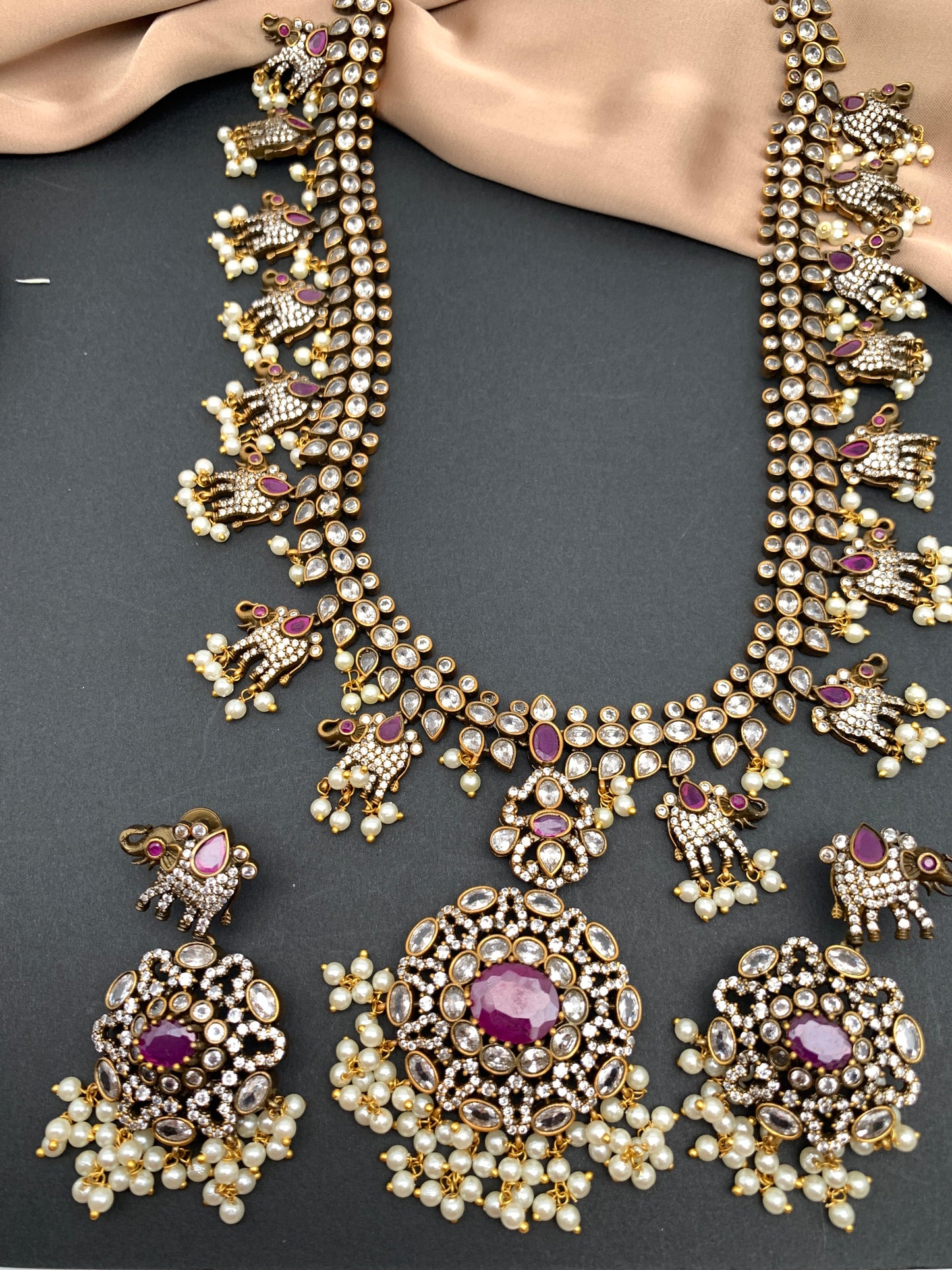 Polki Red Stone Elephant Design Mehndi Polish Long Necklace