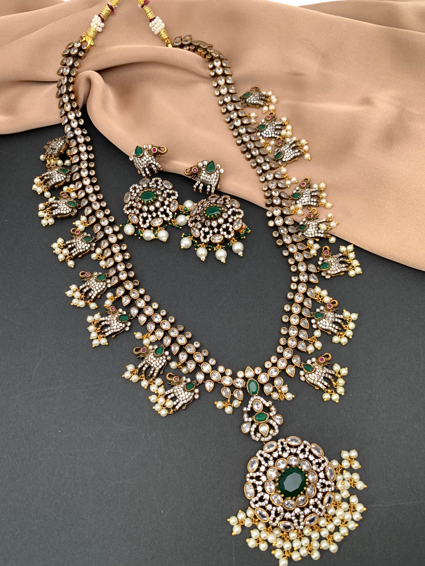 Polki Green Stone Elephant Design Mehndi Polish Long Necklace