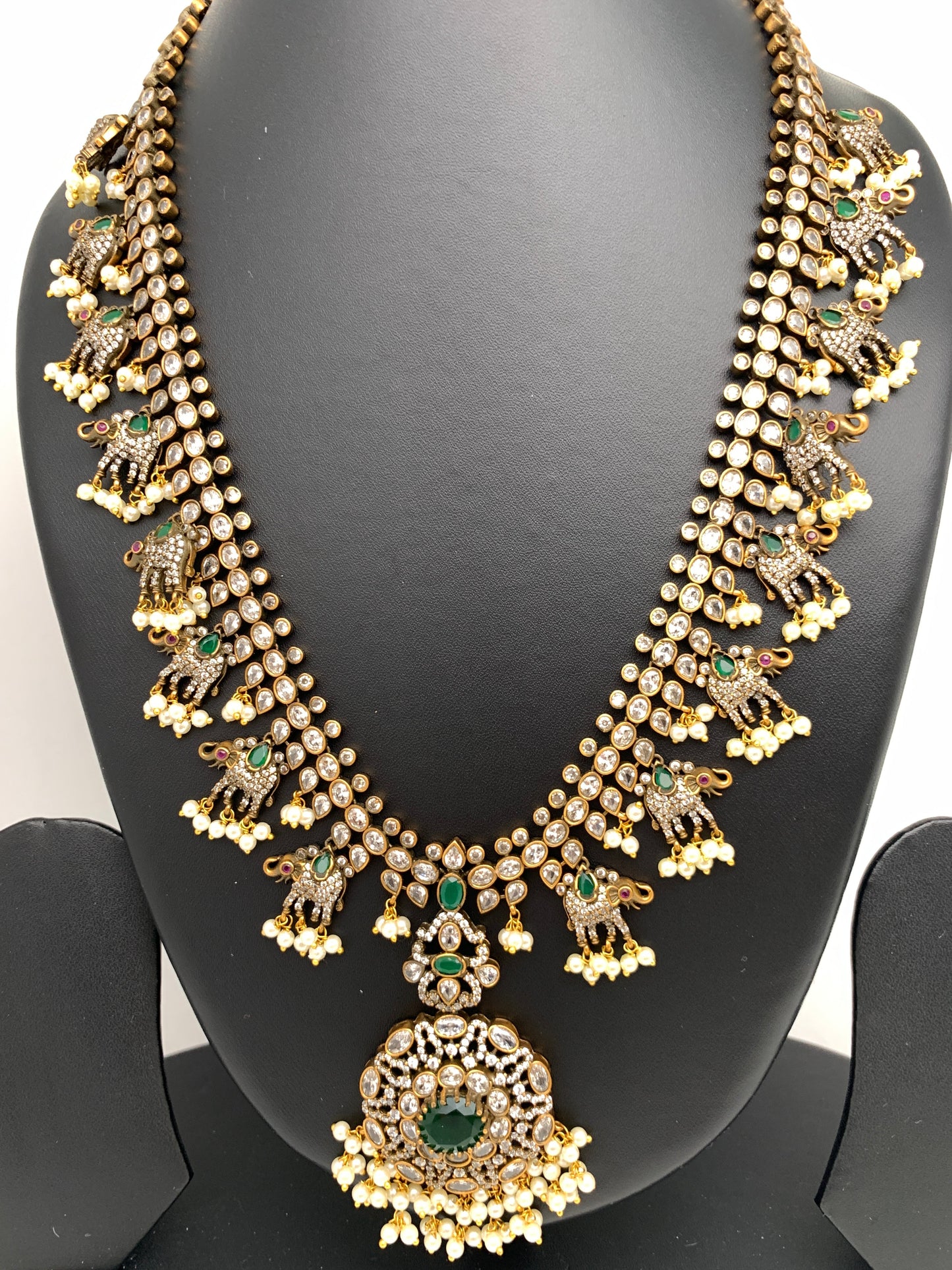 Polki Green Stone Elephant Design Mehndi Polish Long Necklace