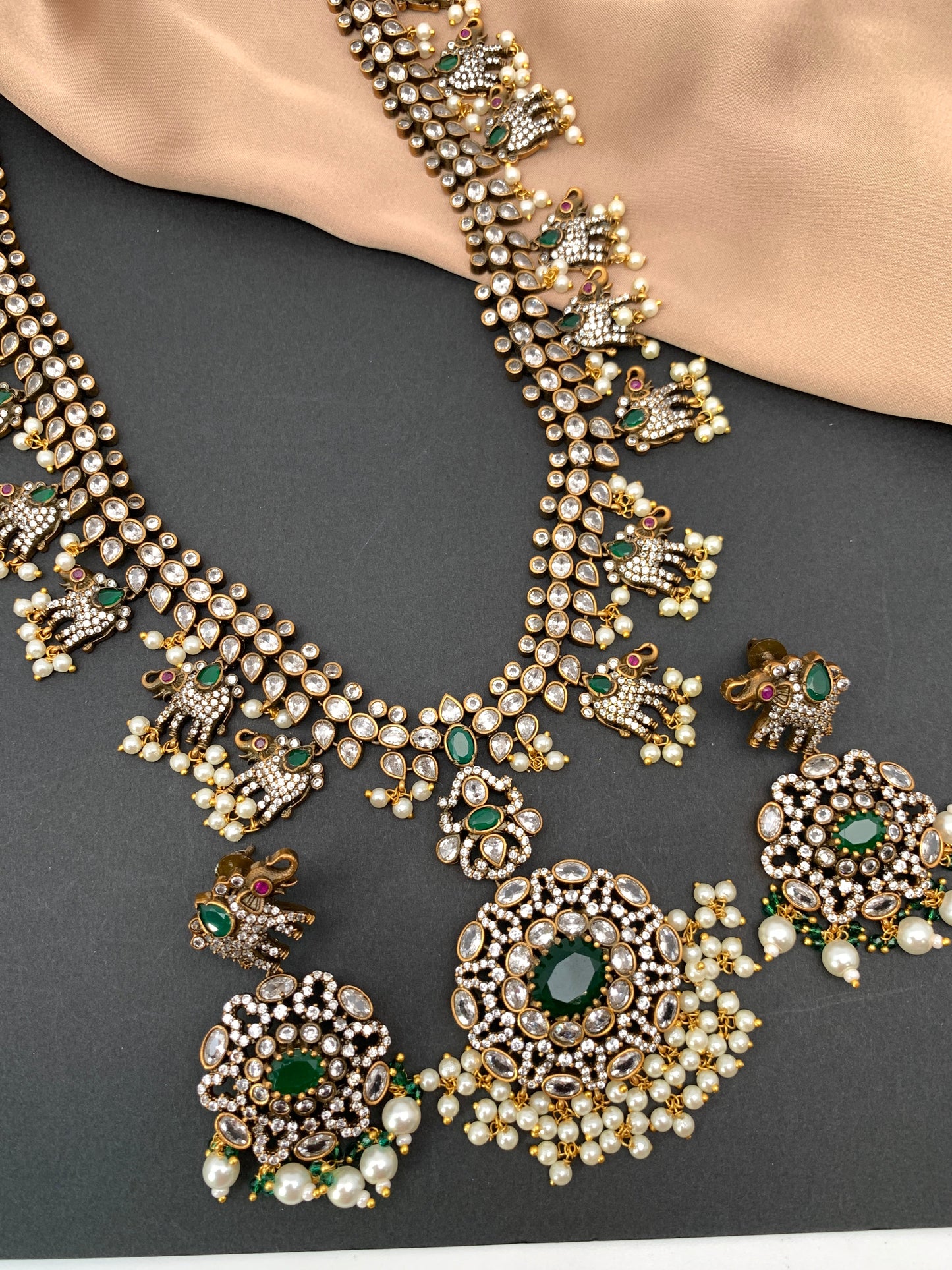 Polki Green Stone Elephant Design Mehndi Polish Long Necklace