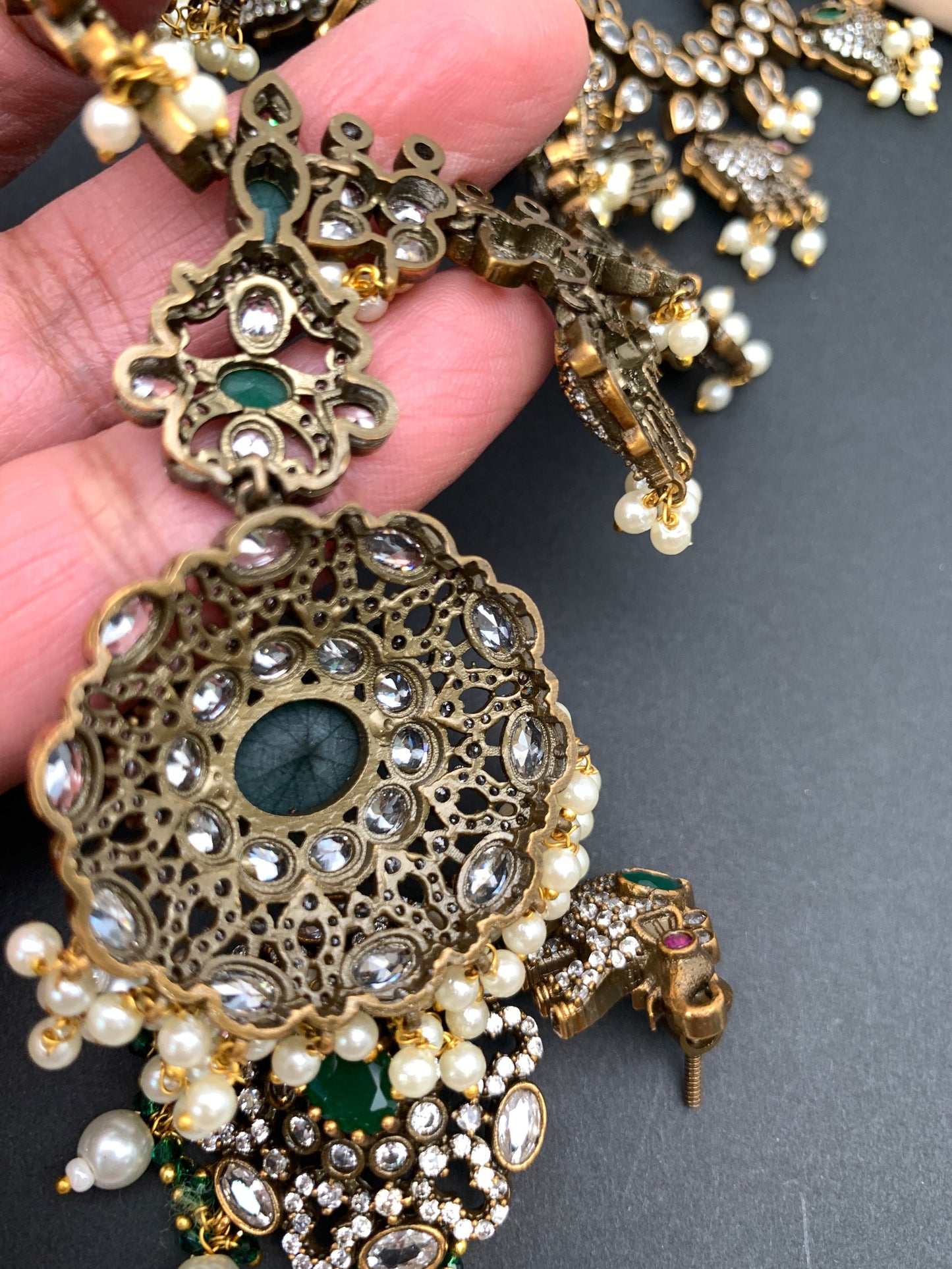 Polki Green Stone Elephant Design Mehndi Polish Long Necklace