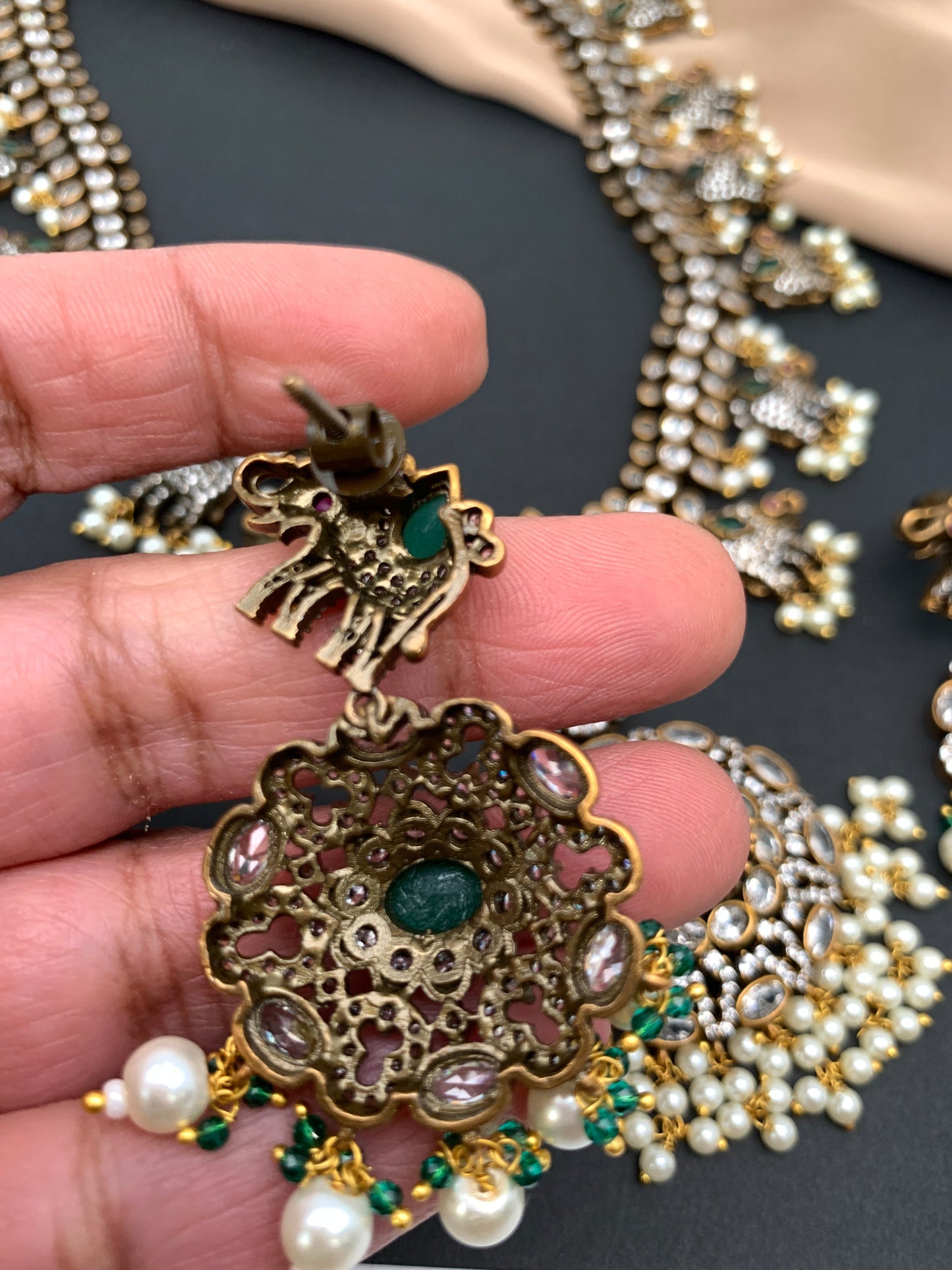 Polki Green Stone Elephant Design Mehndi Polish Long Necklace