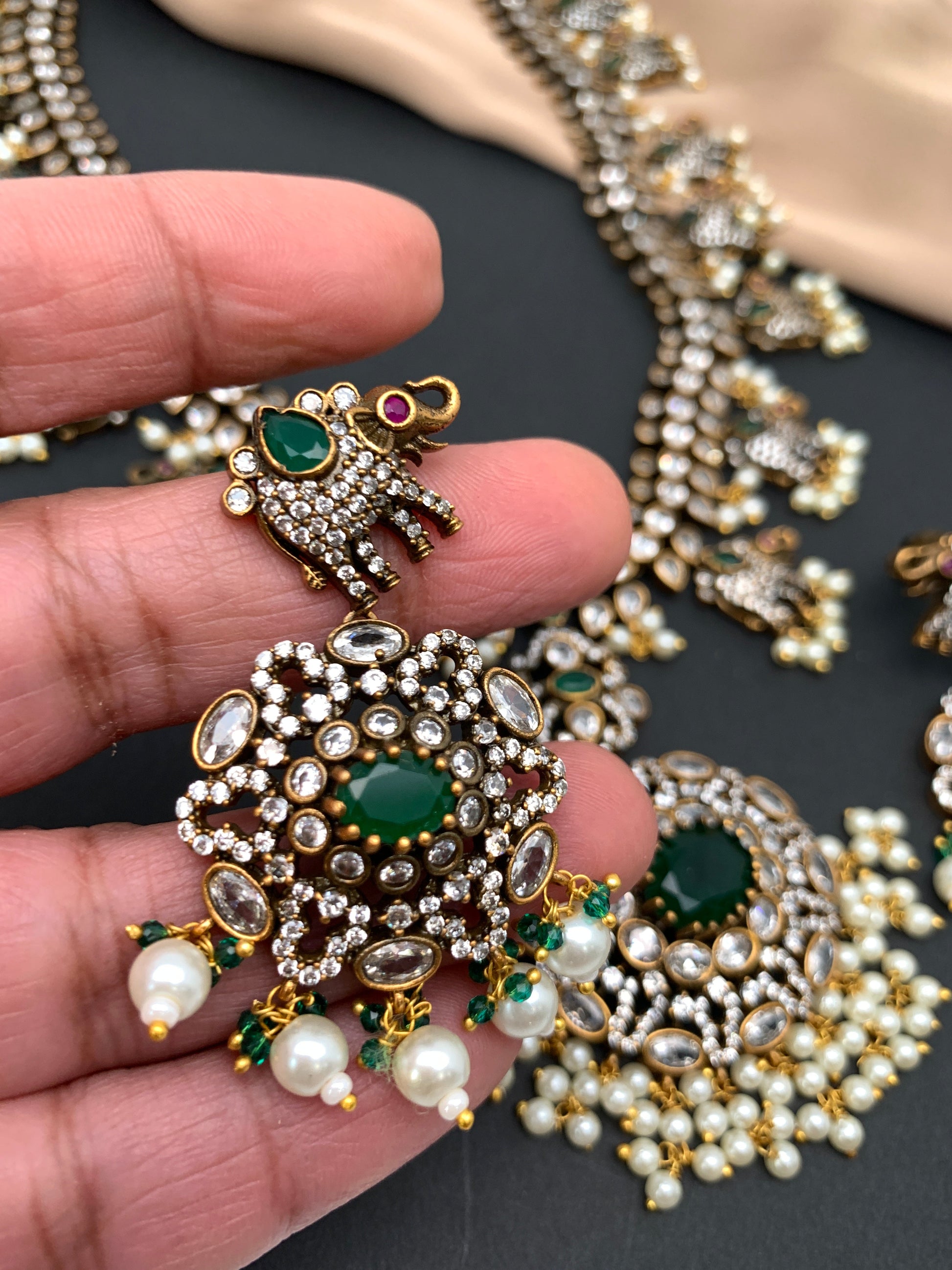 Polki Green Stone Elephant Design Mehndi Polish Long Necklace