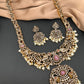 Polki Pink Stone Elephant Design Mehndi Polish Long Necklace