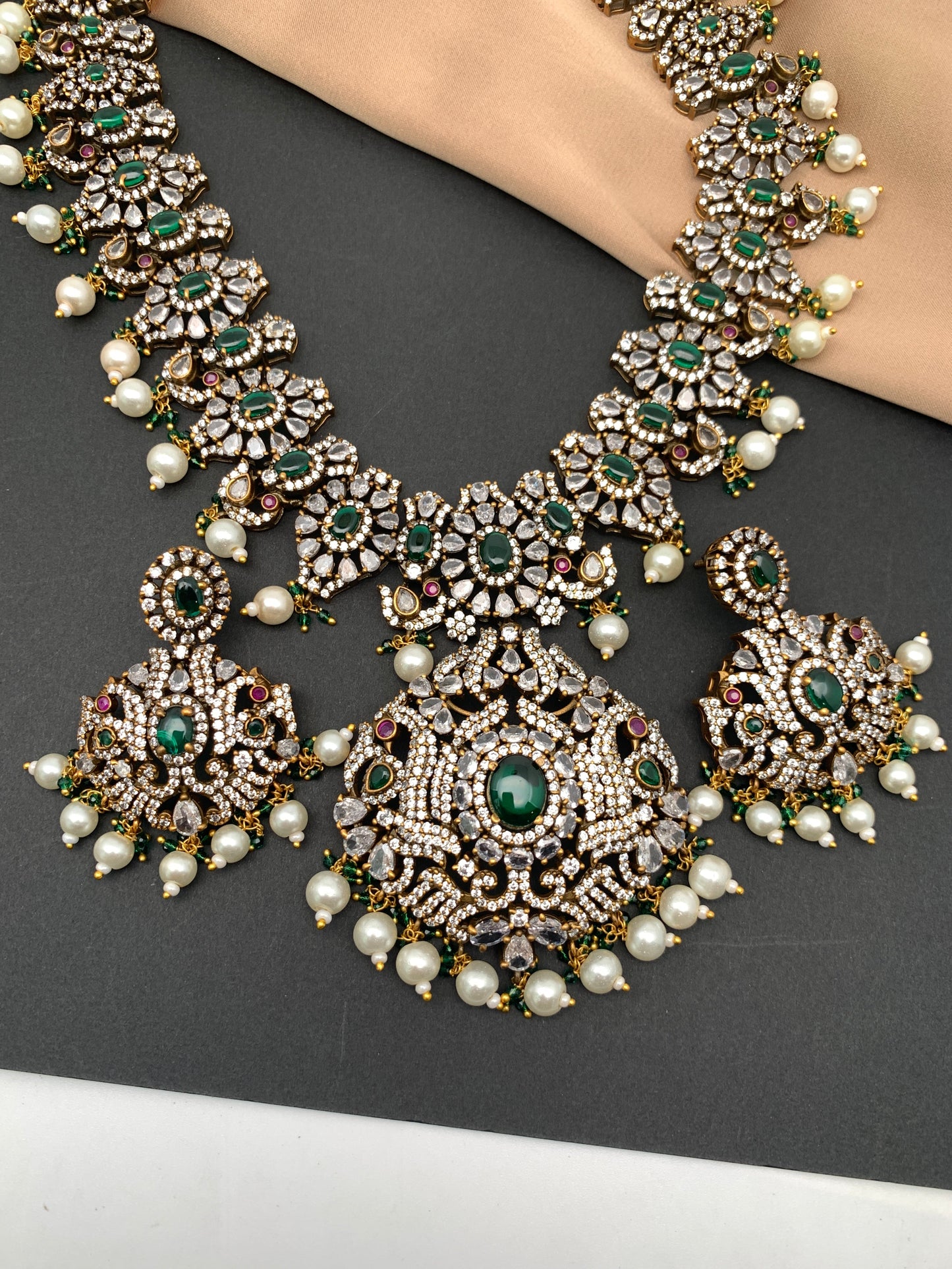 Polki Green Stone Mehndi Polish Long Necklace