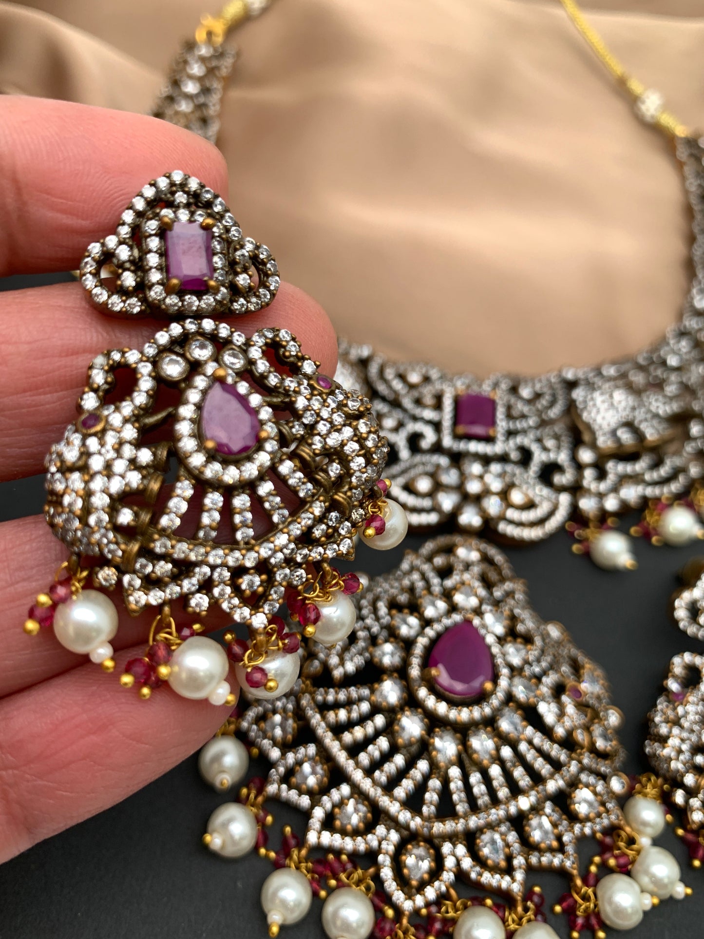 Polki Red Stone Elephant Design Mehndi Polish Short Necklace