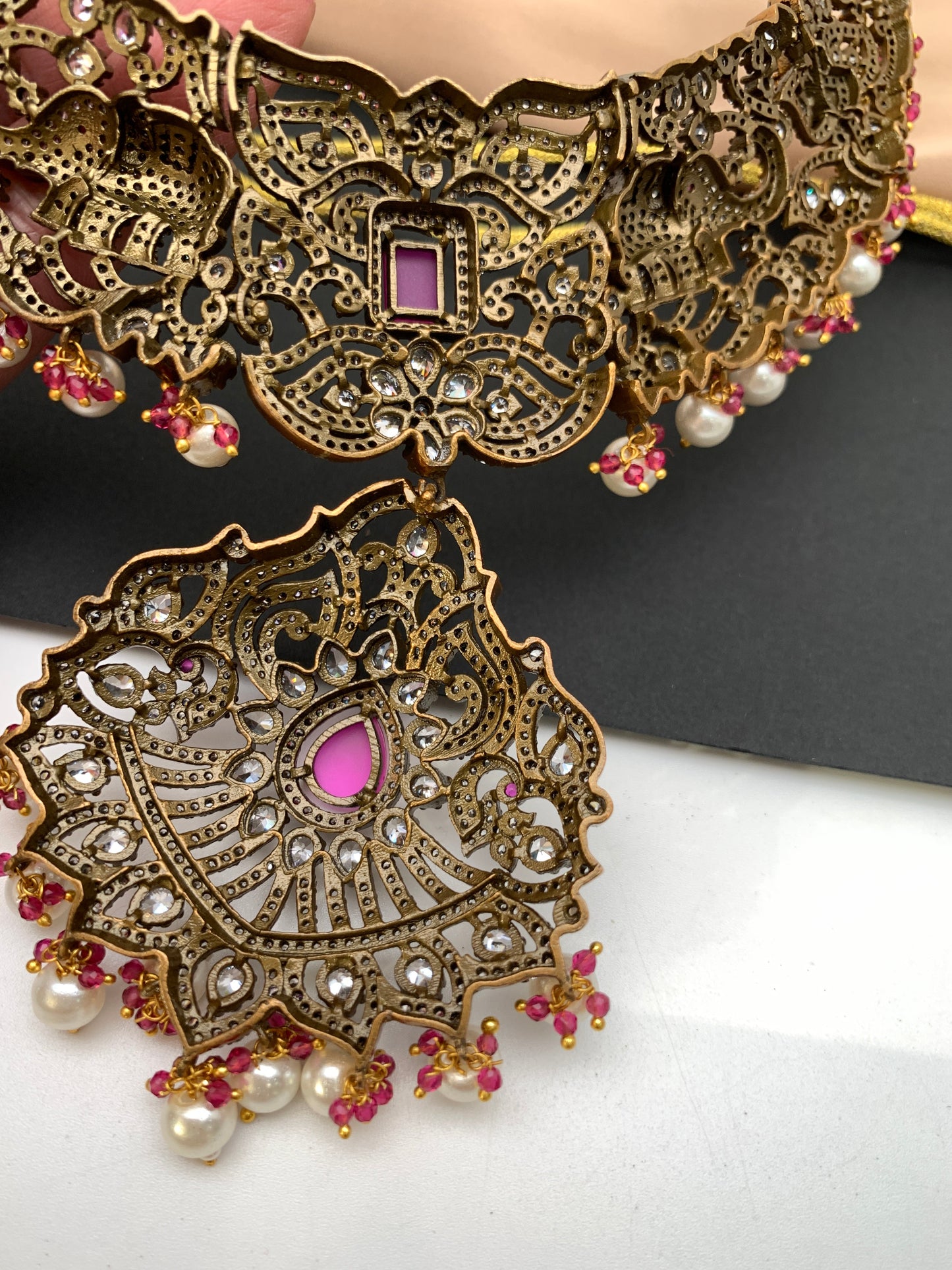 Polki Red Stone Elephant Design Mehndi Polish Short Necklace